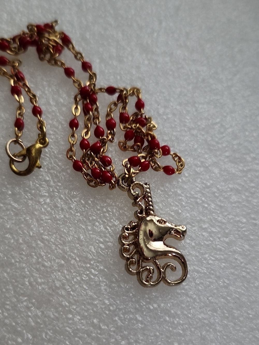 Hand Crafted Gold Horse Head Pendant with Red Beaded Chain